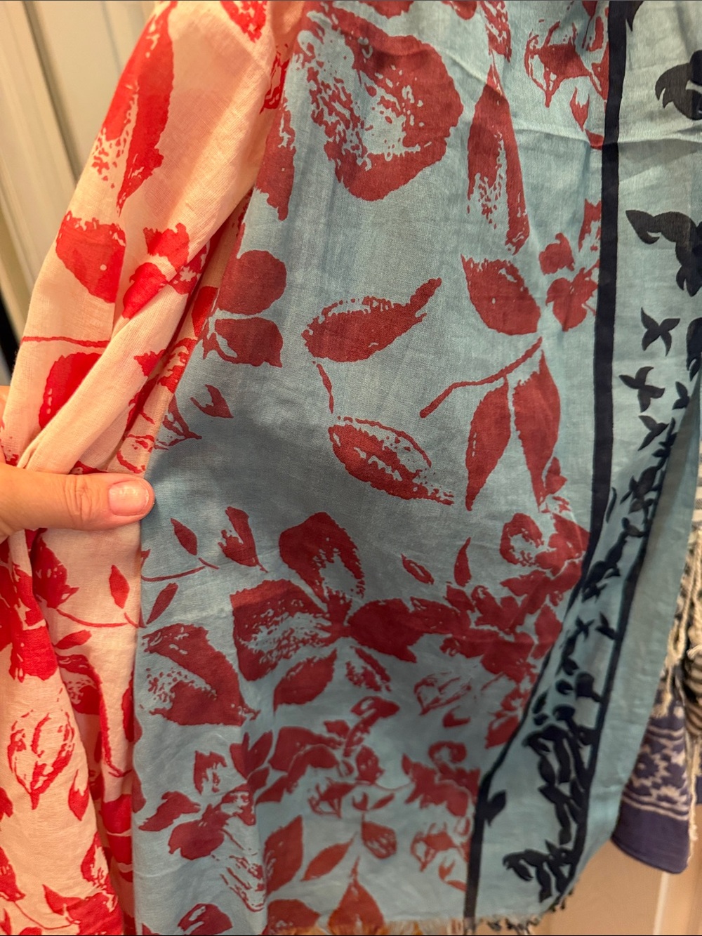 Trades of Hope brand- hand block printed cotFloral Red & Cream Lightweight Scarf - Picture 4 of 5
